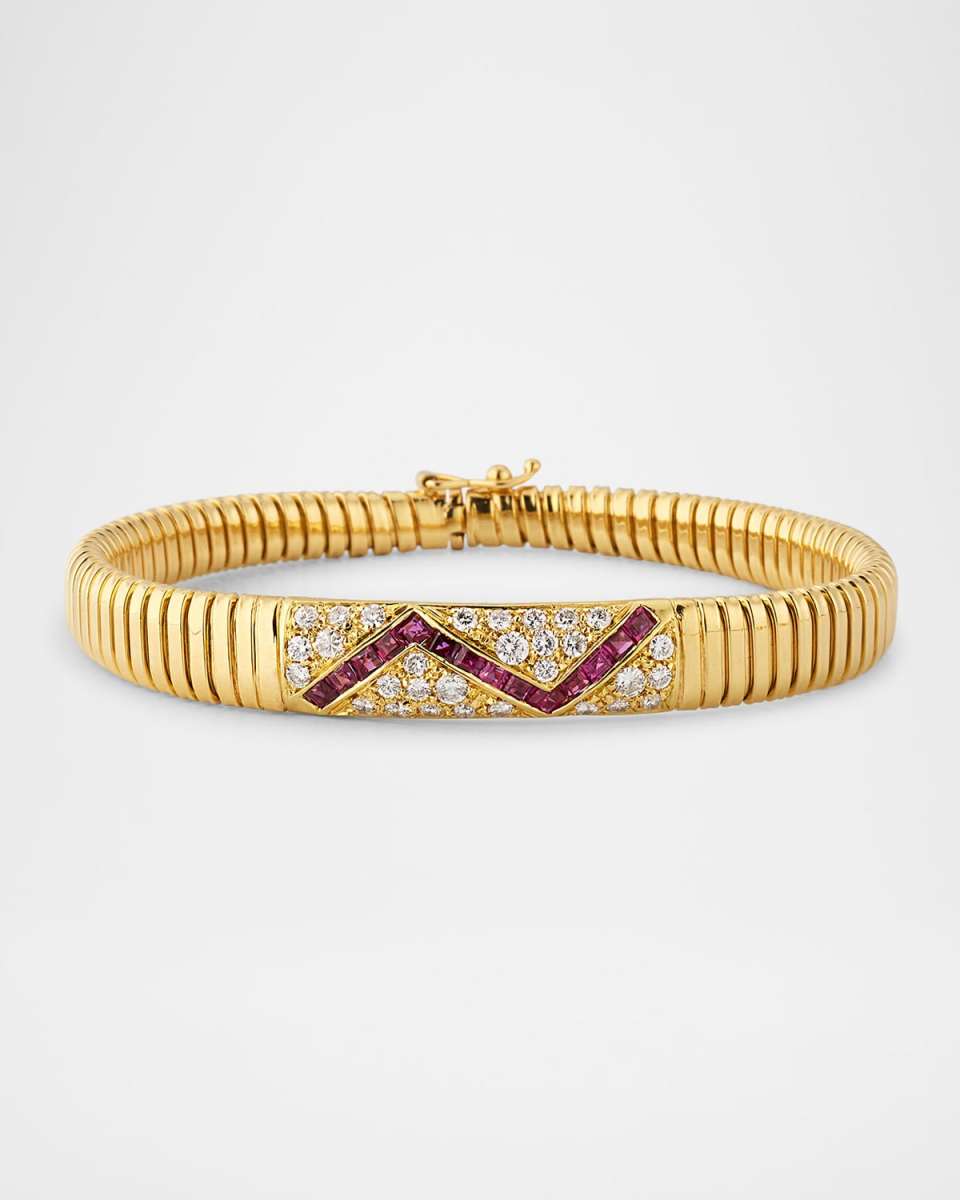 Estate Cartier 18K Yellow Gold Ruby and Diamond Zig Zag Bangle